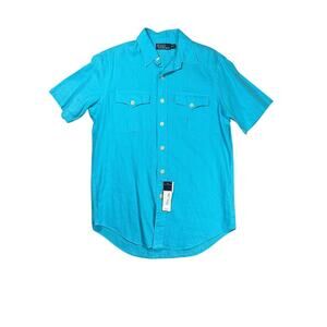 Polo Ralph Lauren Shirt Men Medium Blue Linen Blend Safari Pockets Short Sleeve